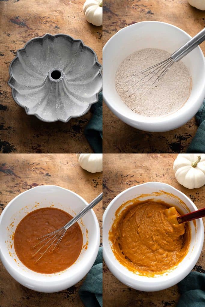 Step by step photos on how to make pumpkin bundt cake