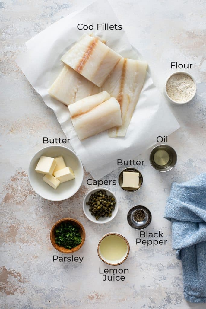 Ingredients ready for pan searing cod fillets.