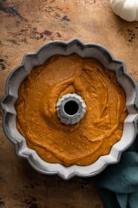 Pumpkin cake batter in a 10-cup bundt pan