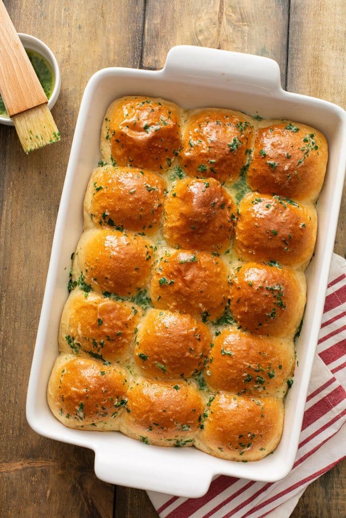 Herb Butter 1 Hour dinner rolls in a baking dish