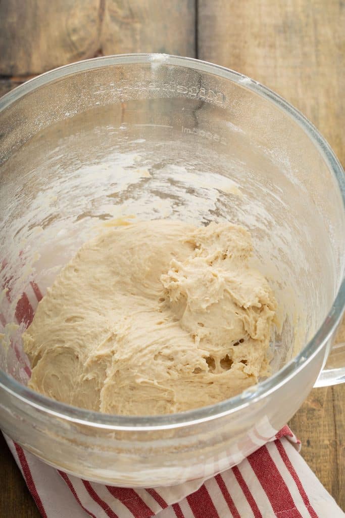 recently made bread dough in a mixing bowl