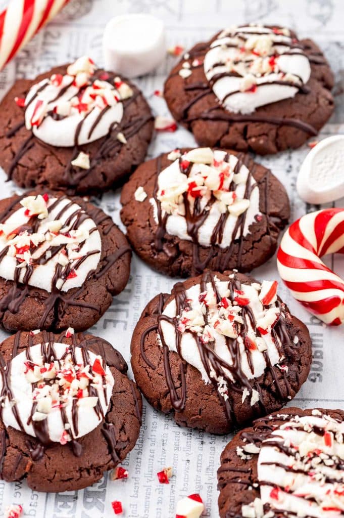 Freshly baked hot chocolate cookies with marshmallow and crushed peppermint.