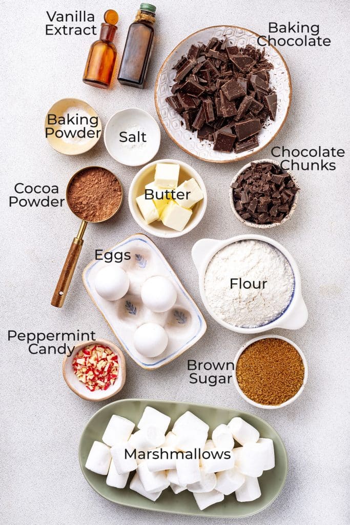 Ingredients to make Hot Chocolate Peppermint Cookies over a gray surface.