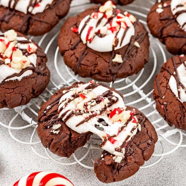 Hot chocolate cookies with gooey melted marshmallows and peppermint candies