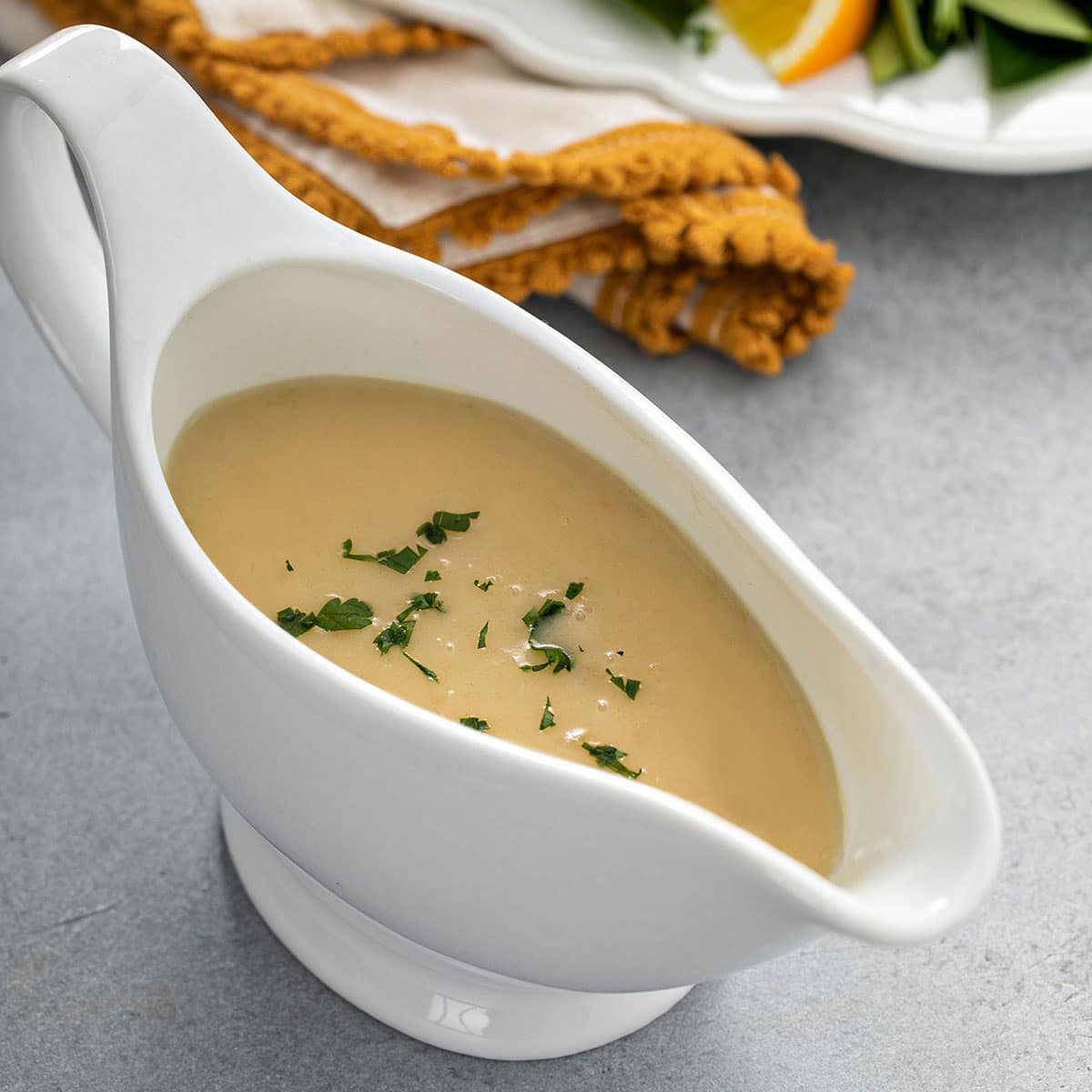 Silky turkey gravy in a gravy boat
