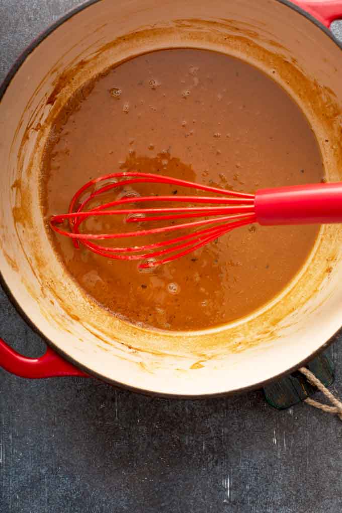 melted butter and flour with a red whisk in a large dutch oven.