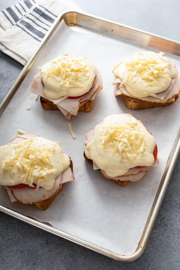 Turkey tomato sandwiches covered in cheesy mornay sauce an topped with shredded cheese.