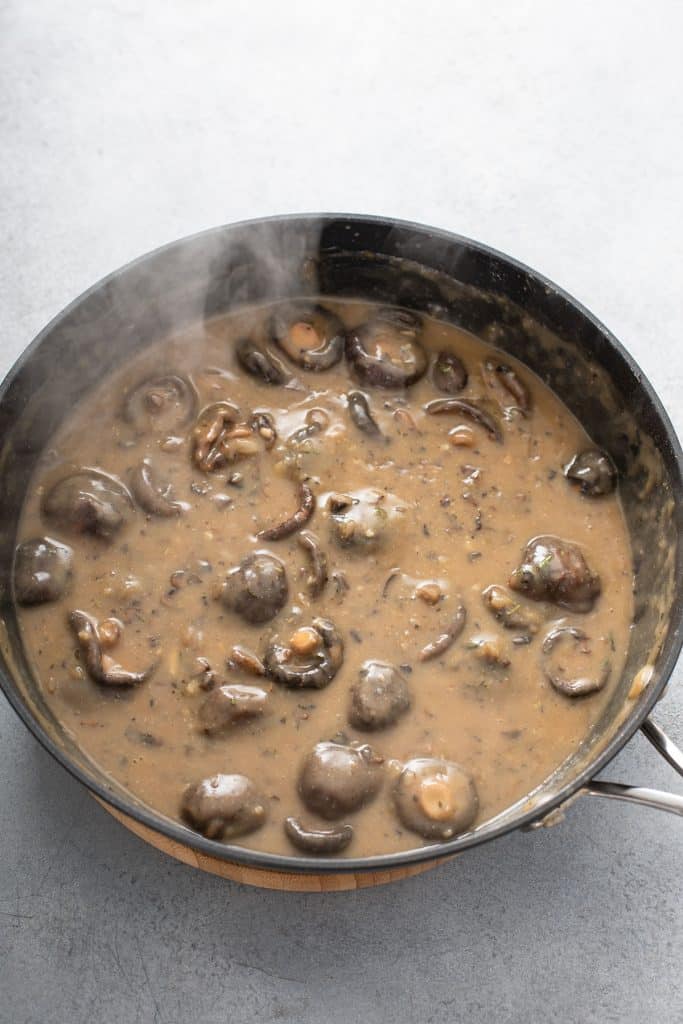 Mushroom gravy in a skillet