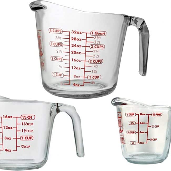 three liquid glass measuring cups