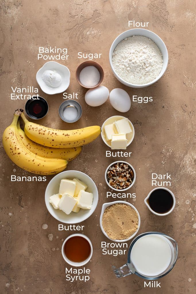 Ingredients to make new orleans bananas foster pancakes