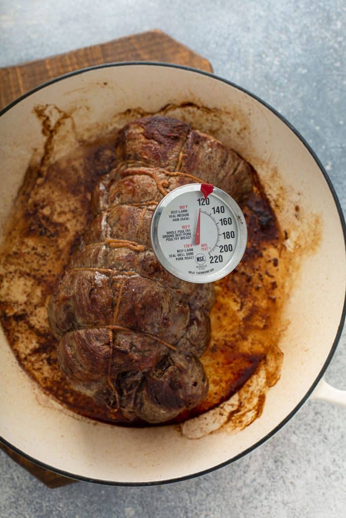 Roasted Beef on a pan with a meat thermometer.