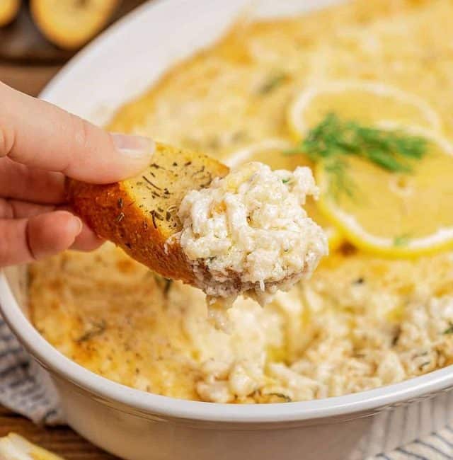 Creamy ooey-gooey crab dip on a toasty crostini.