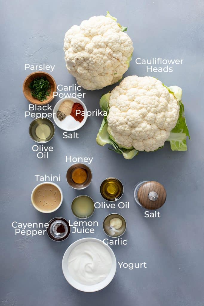 Ingredients to make roasted cauliflower and lemon tahini dressing