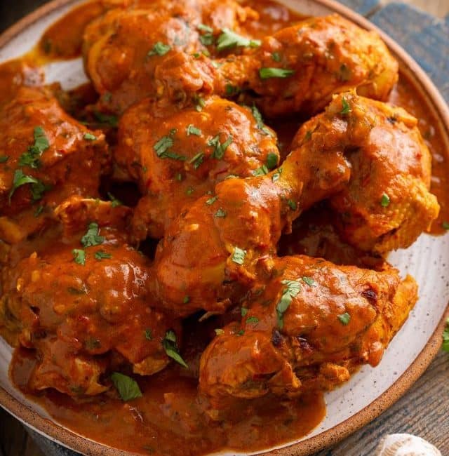 Chicken pieces in a creamy tomato masala sauce served on a plate