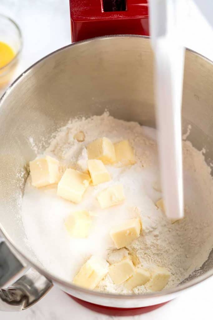 flour and butter in the bowl of a standing mixer