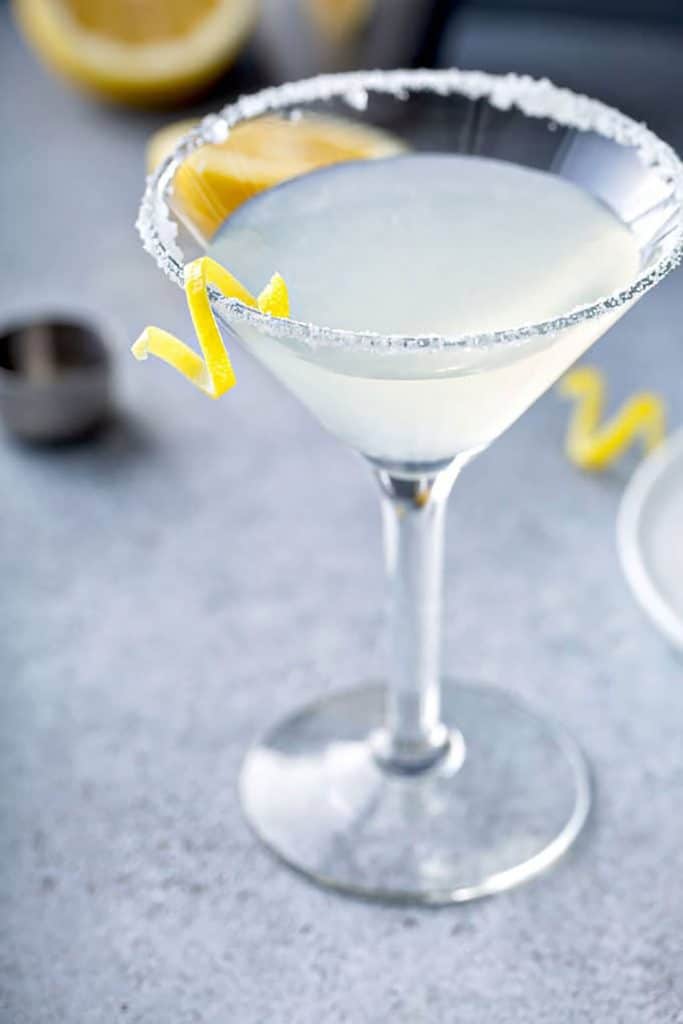 Martini glass with lemon drop and lemon twist