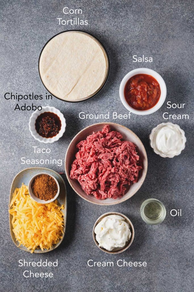 Ingredients to make beef taquitos