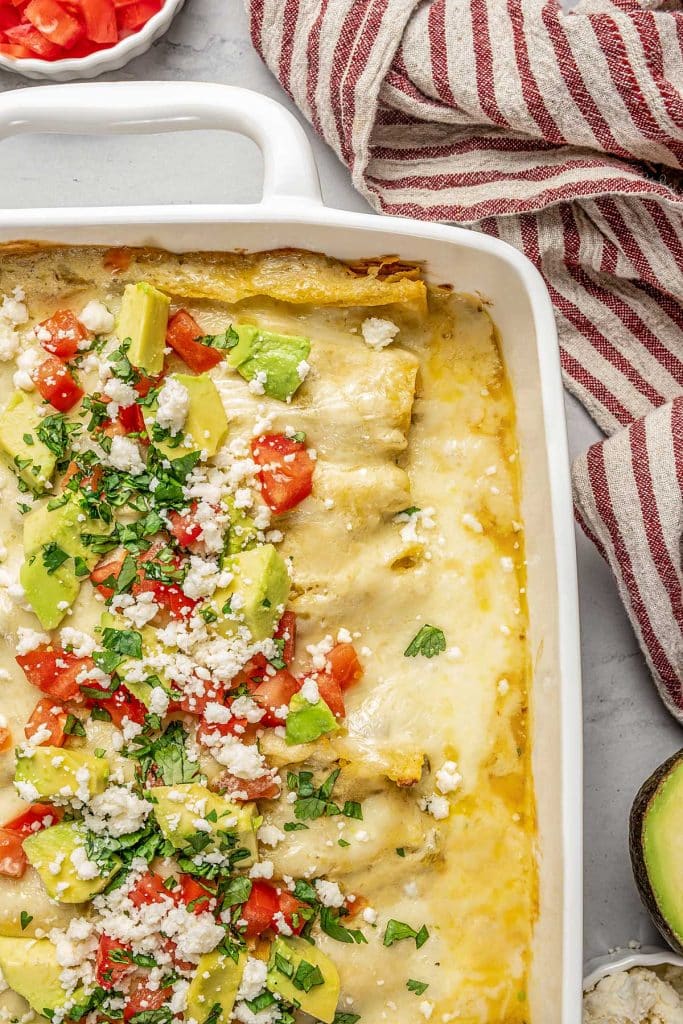 Top view of enchiladas in a baking dish