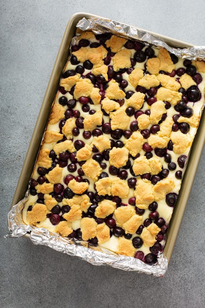 blueberry cheesecake crumble right out of the oven