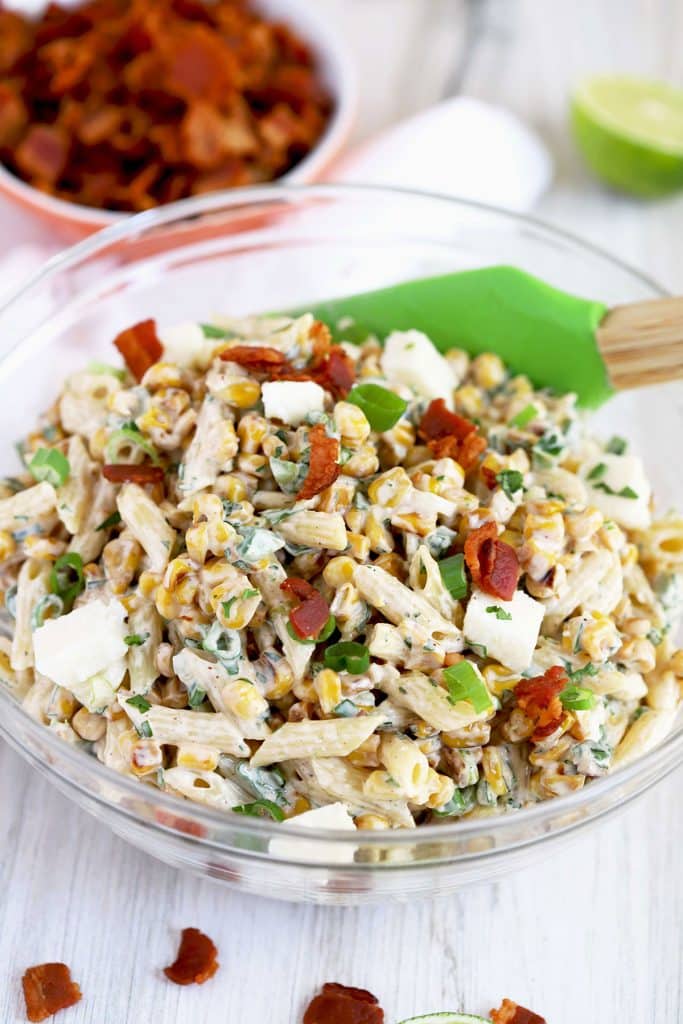 Mexican Street corn pasta salad with bacon on top