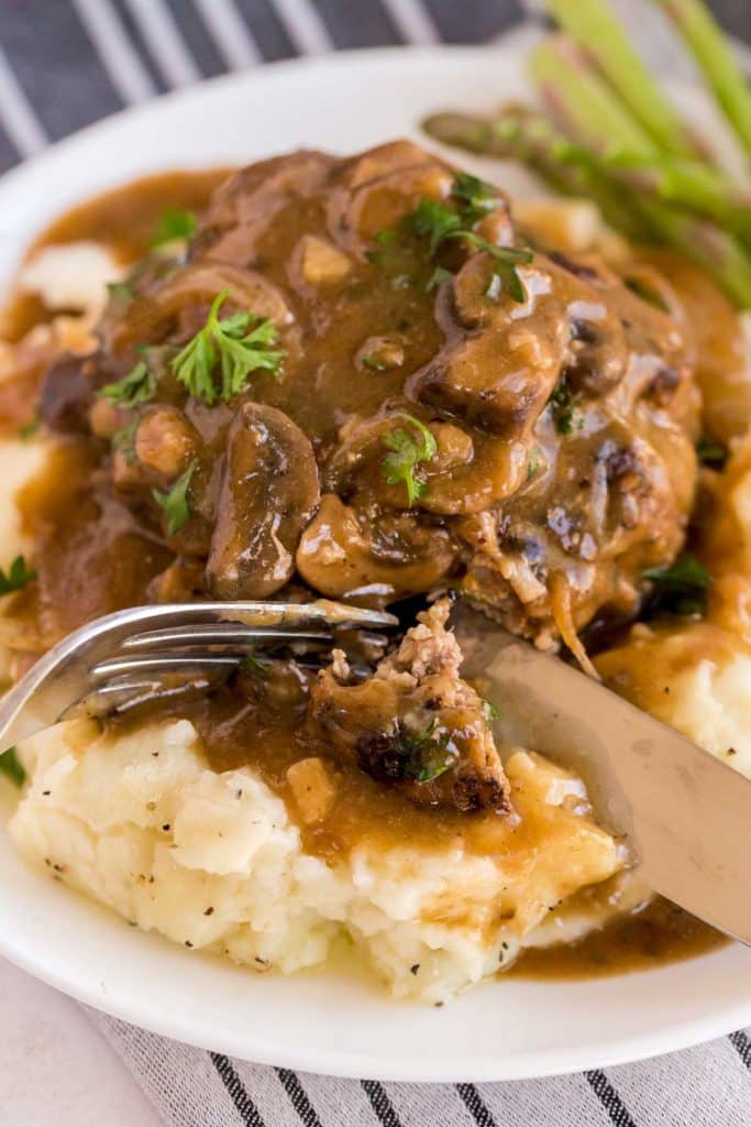 salisbury steak on a plate with fork