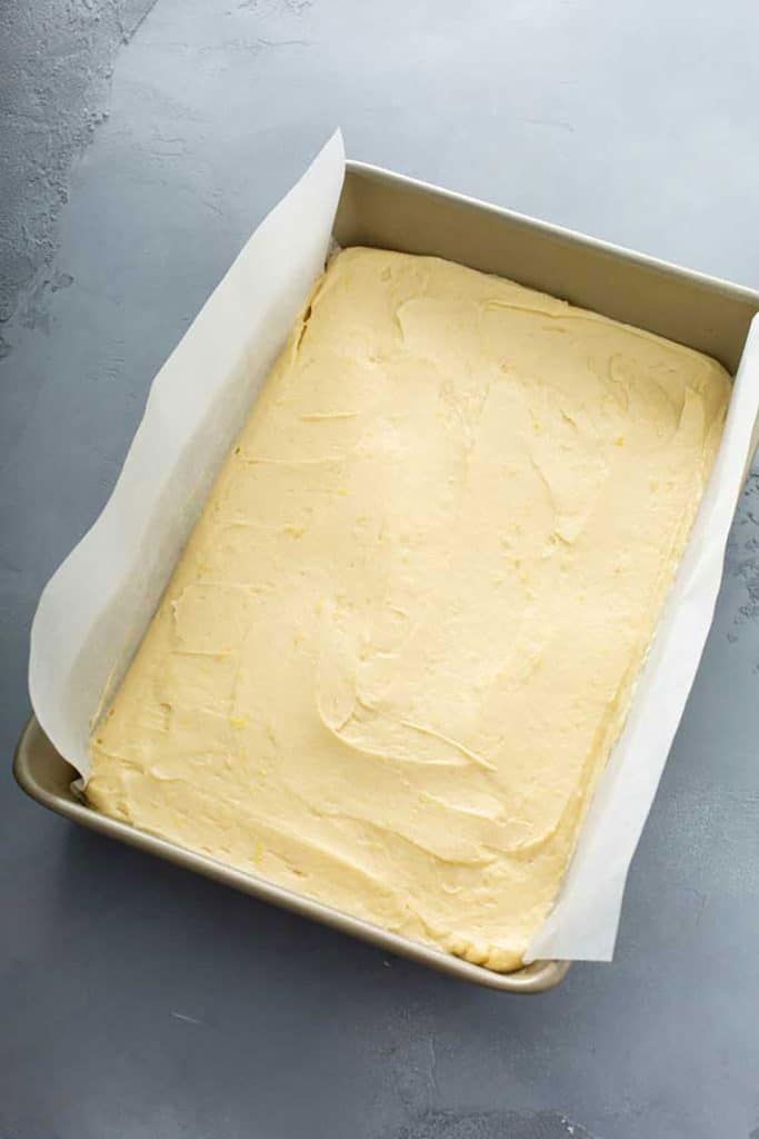 lemon brownie batter in a baking pan