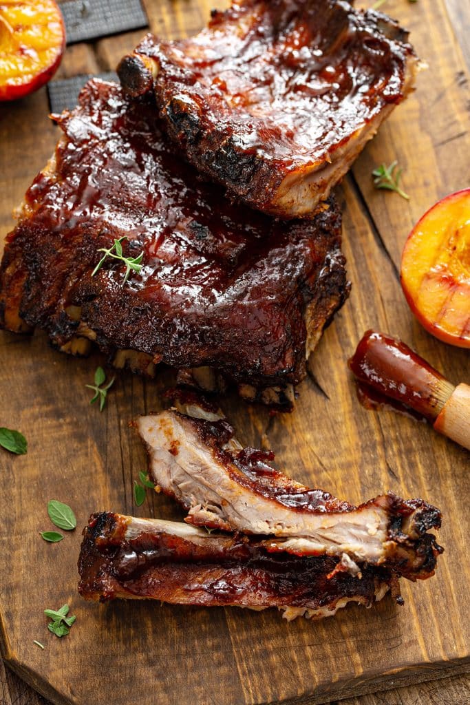 BBQ ribs on a wooden board