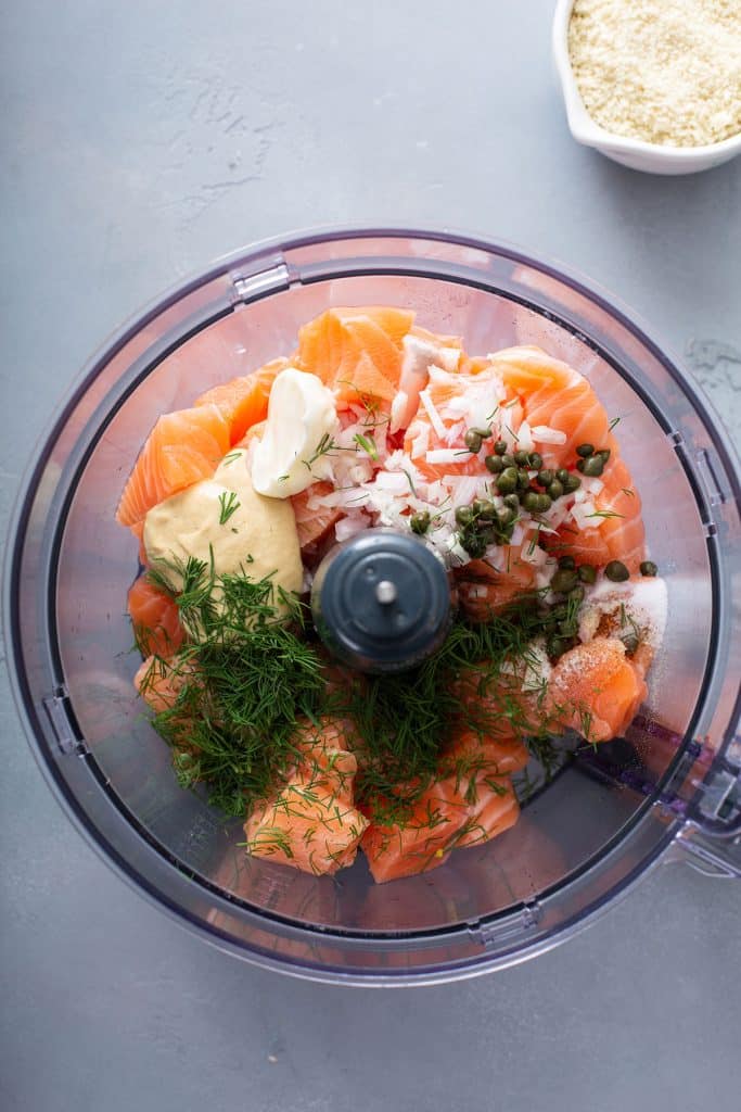 ingredients for salmon burgers in food processor bowl