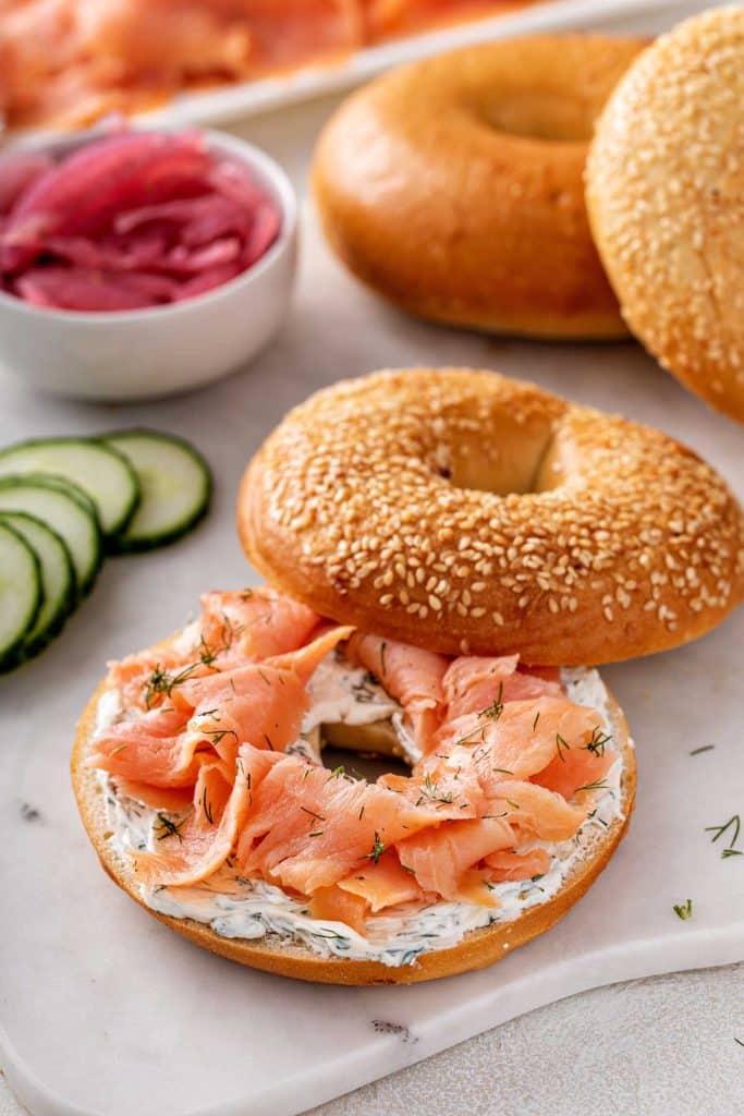 Sesame seed bagel with cream cheese and lox