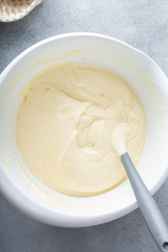 Fluffy cake batter in a mixing bowl