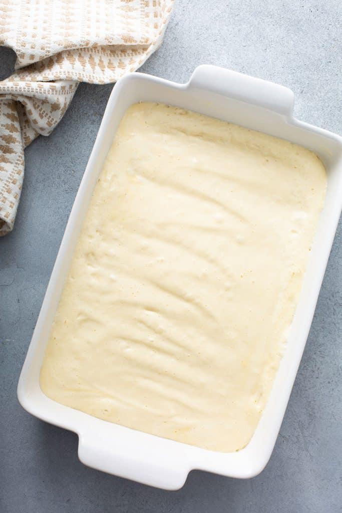 Cake batter in baking pan