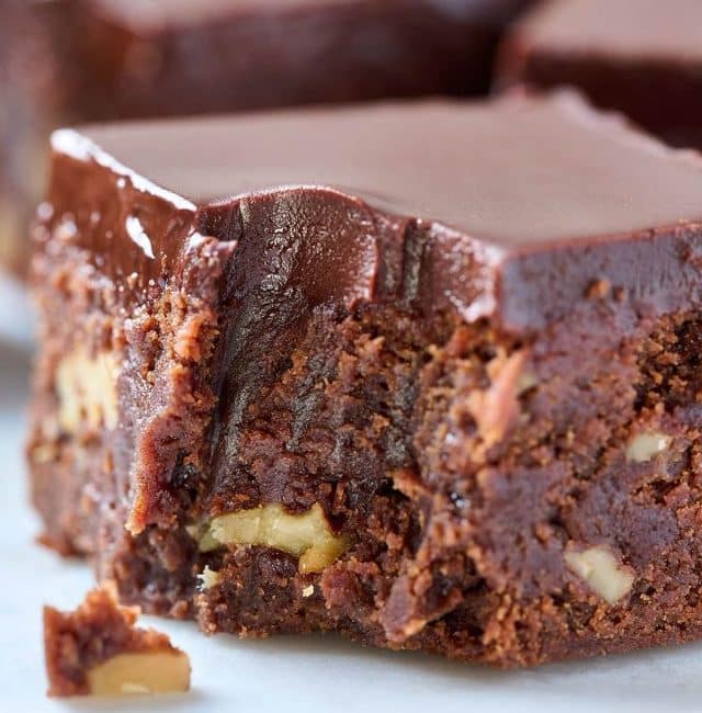 close up view of a moist and fudgy brownie with walnuts