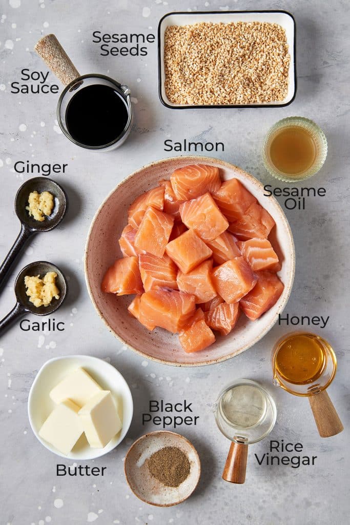 Ingredients to make salmon nuggets in an Asian style sauce