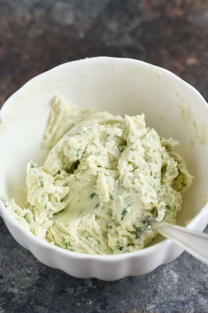 Blue cheese compound butter in a small bowl