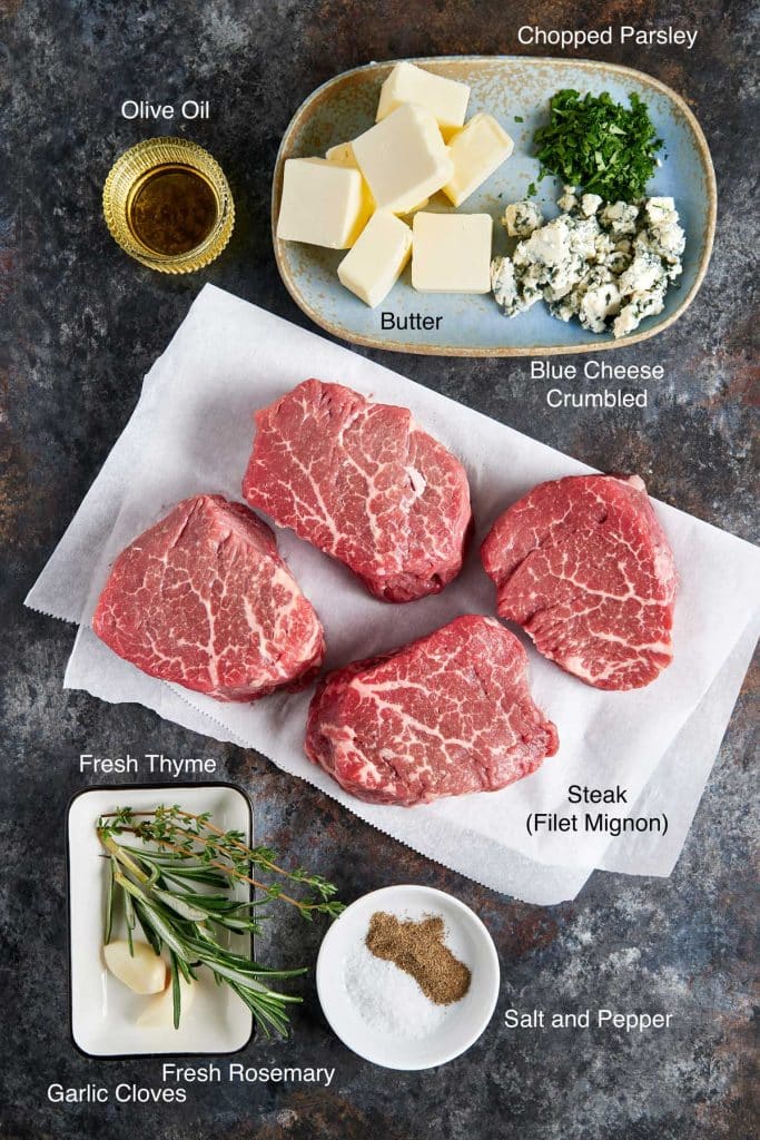 Ingredients to make pan seared steak with blue cheese
