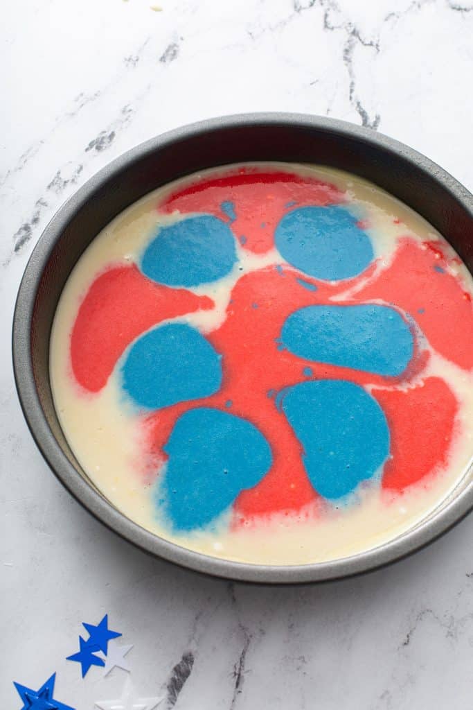 red, white and blue cake batter without mixing in a baking pan