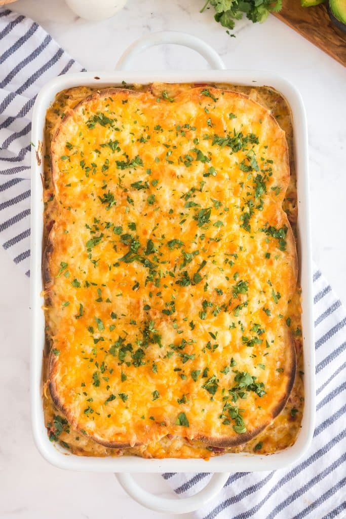 Baked casserole with golden brown cheesy topping
