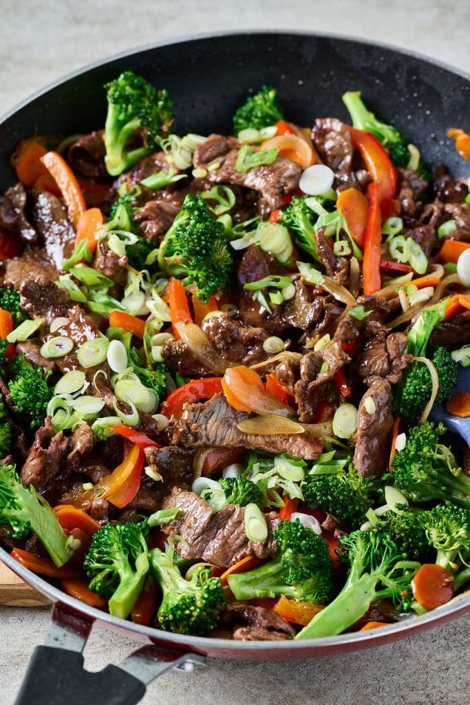 beef stir fry on a pan