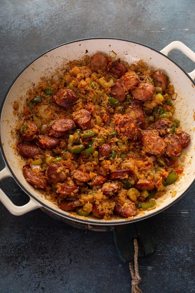 sausage, veggies and rice in a Dutch oven