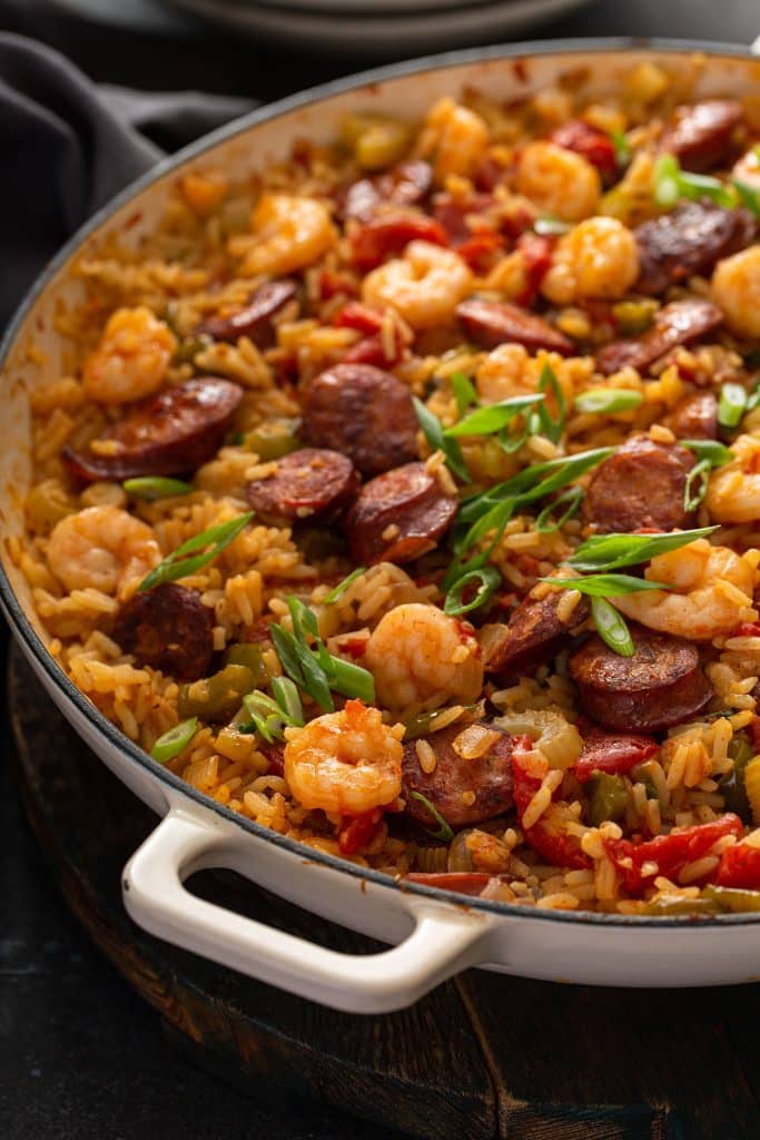 Jambalaya with shrimp and andouille sausage in a Dutch oven.