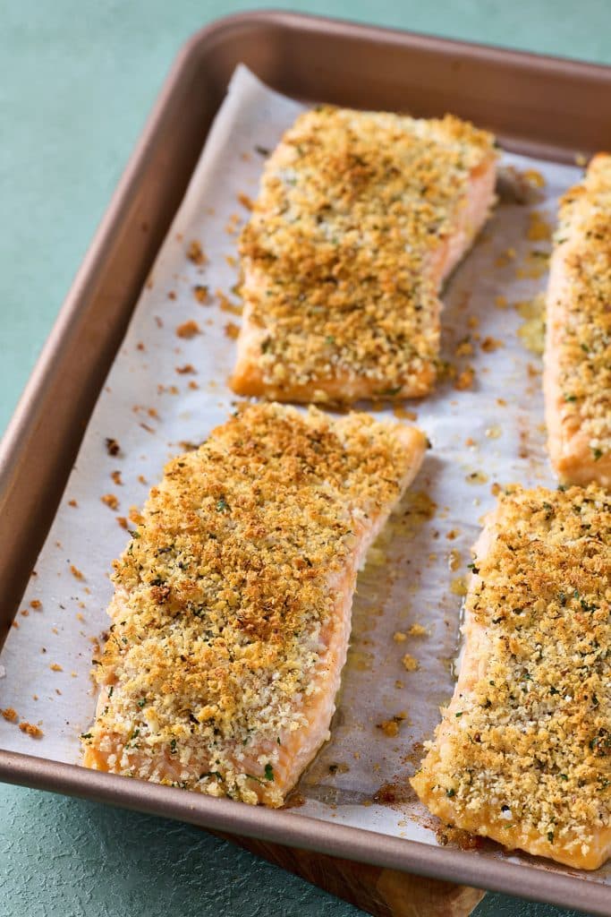 Crispy baked salmon on a sheet pan