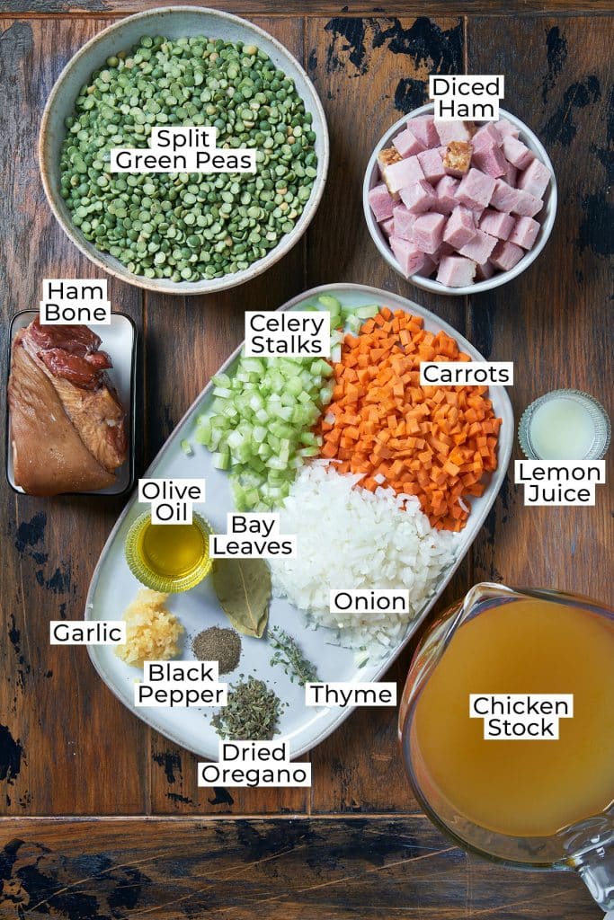 Ingredients to make Instant Pot Split Pea Soup on a wooden surface