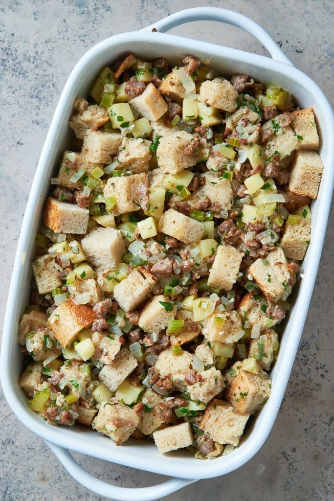 stuffing in a baking dish ready to be baked