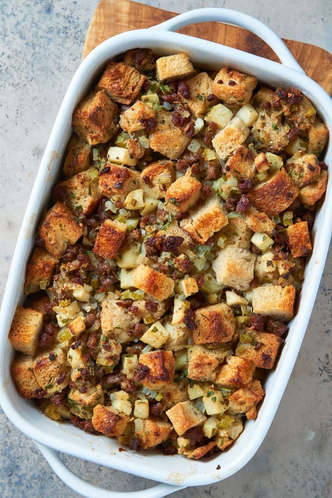 golden brown stuffing in a baking dish