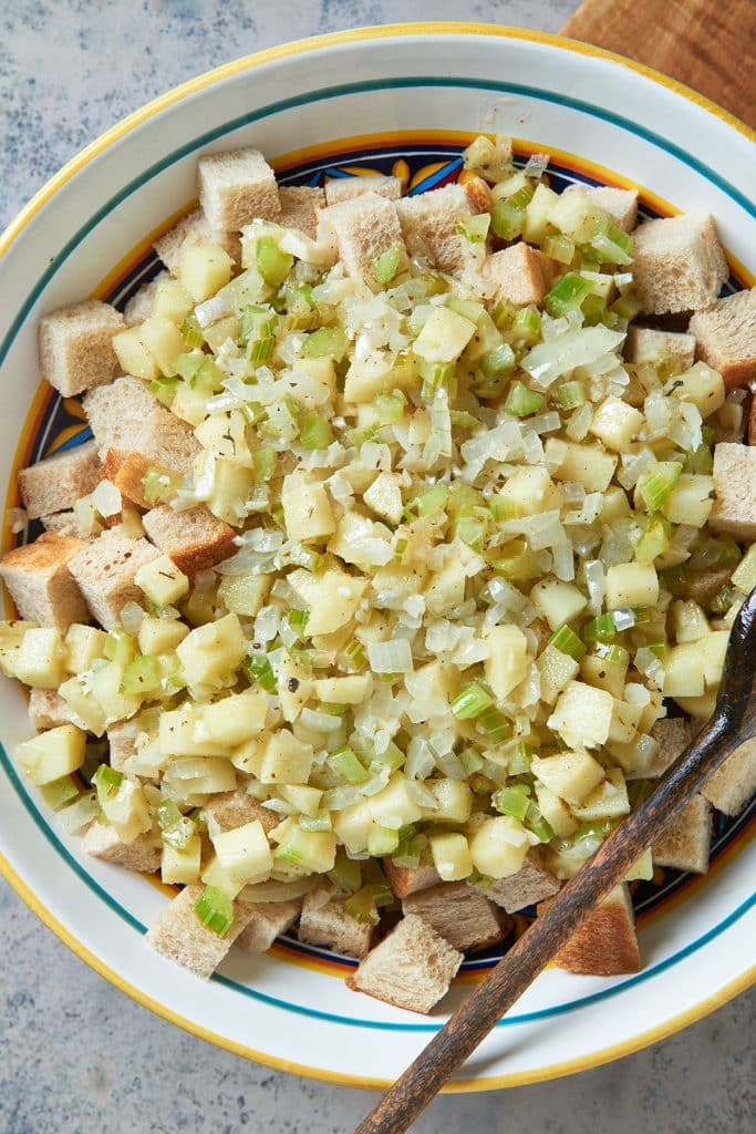 sauteed apples and veggies mixed with bread cubes