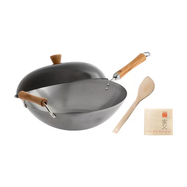 14 inch wok set with lid, wood spatula and recipe book
