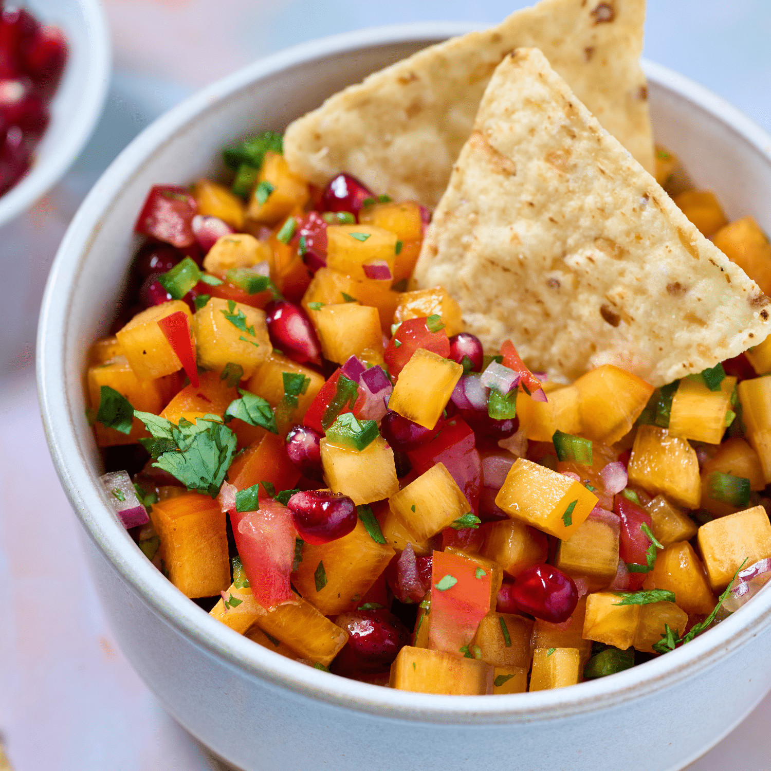 Bowl of persimmon salsa with tortilla chips
