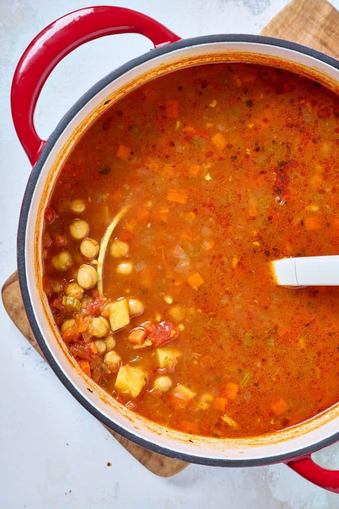 Garbanzo and vegetable soup in a dutch oven