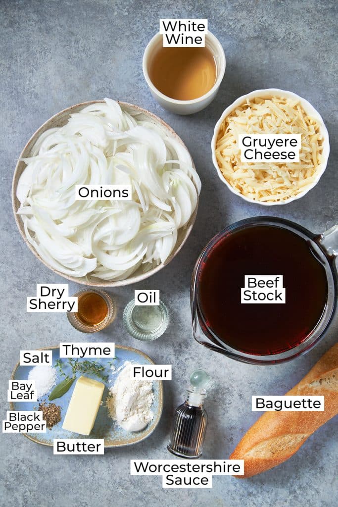 Ingredients to make restaurant-style French onion soup.