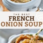 pin image of French onion soup.